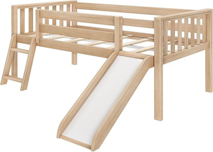 Max & Lily Twin Ultra Low Loft Bed with Slide and Climbing Ladder, Solid Wood Bed for Kids, Space Saving Design for Small Rooms, Twin Size Loft Bed with 14 Inch Guardrails, Anti Slip Steps, Blonde
