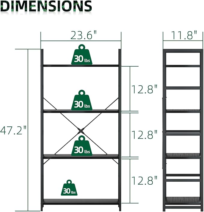 OTK 4 Tier Bookshelf, Tall Bookcase, Office Shelf Storage Organizer, Modern Book Shelf for Living Room, Bedroom, and Home Office, Black