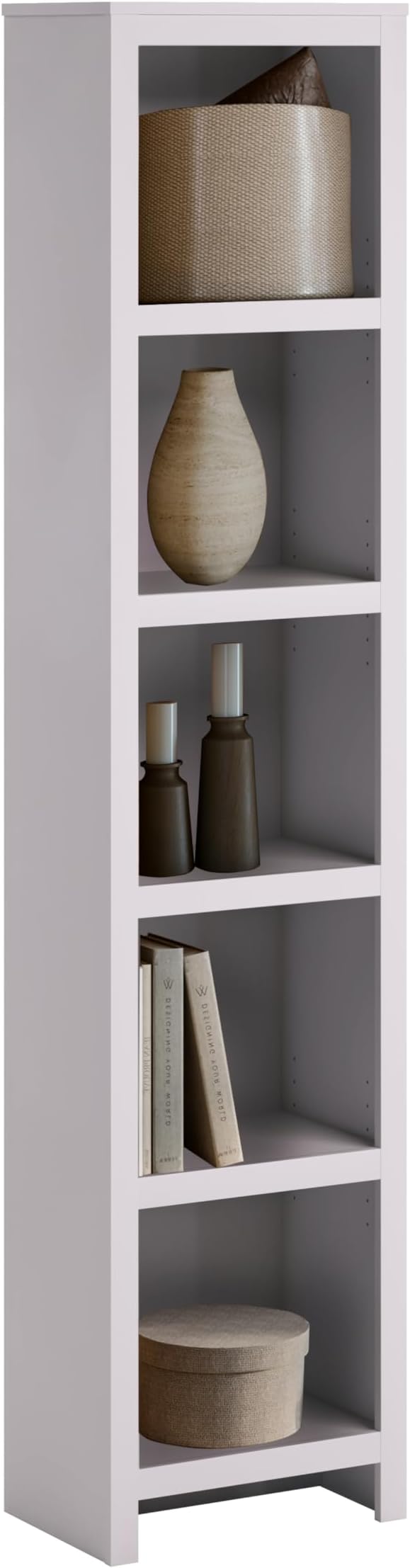 Prepac Moda 80" Tall 5-Tier Narrow Bookcase in White, Modern Storage Accent Bookshelf with 3 Adjustable Shelves for Home, Office, Living Room, Bedroom