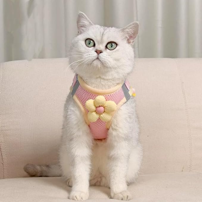 Floral Mesh Dog Harness with Matching Leash, Lightweight Pet Vest,Suitable for Small and Medium-Sized Cats and Dogs to Wear， Pink/Yellow (Pink, L:16-20lbs)