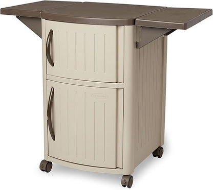 Suncast Serving Station Patio Cabinet, Portable Grill Prep Table, Light Taupe & Mocha - Includes Side Shelves, Storage Cabinets, Server Tray and Wheels for Outdoor BBQ Grilling and Backyard Dining
