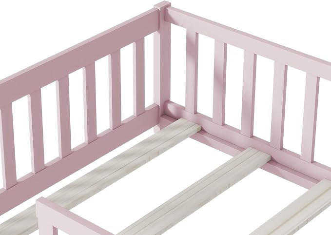 Bellemave Twin Floor Bed with Slats and Safety Guardrails, Kids Montessori Floor Beds with Fence and Without Door, Easy Assemble Floor Bed for Kids, Girls, Boys, Pink