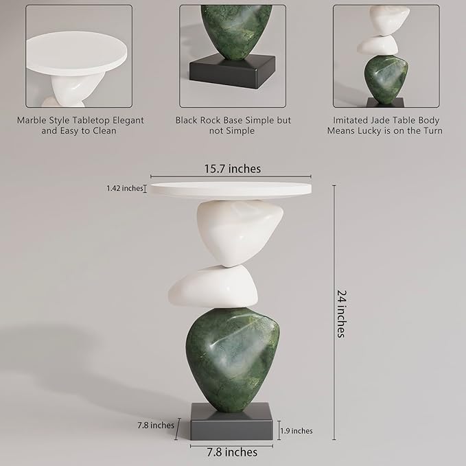 Luxury Coffee Table, Marble Style Side Table with Stacked Pebbles Design, Morden Style Oval Stone End Table for Living Room, Bedroon and Office
