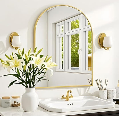 Arched Wall-Mounted Mirror, 20"x30" Arch Bathroom Mirror, Gold Vanity Mirror for Wall Décor, Wall Mirror with Metal Frame for Bedroom, Entryway, Living Room, Brushed Gold