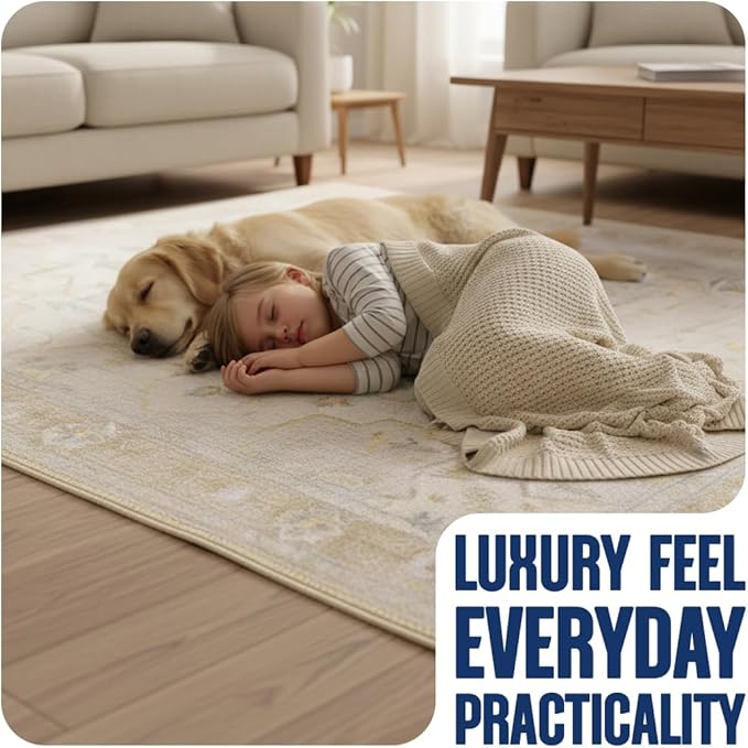 Muddy Mat짰 Champagne 3ft x 7ft Washable Area Rugs for Living Room, Bedroom & Dining Room ??Modern Soft Low Pile Non Slip Carpet ??Pet Friendly Waterproof Foldable Rugs for Home