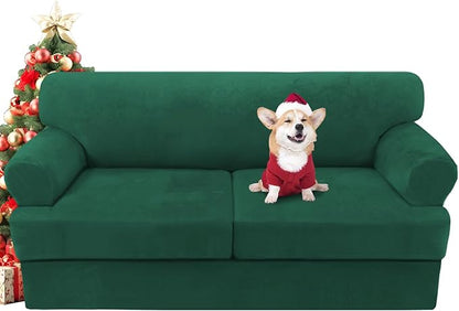 H.VERSAILTEX Sofa Cover 3 Piece T Cushion Sofa Slipcovers Thick Velvet Couch Cover Stretch T Cushion Sofa Covers for 2 Cushion Couch with 2 Individual T Cushion Covers, Vintage Green