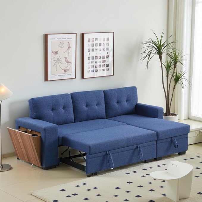 L-Shape Sofa Bed, 92" Sectional Couch with Storage Chaise, Pull Out Sleeper Sofa with Side Compartment, Convertible Corner Couch for Living Room Apartment, Blue