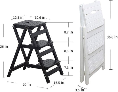 KINGBO Step Stool for Adults/Step Ladder/Counter Chair, 3-Step Folding Portable Wooden Step Stool, Anti-Slip & Lightweight (Black)