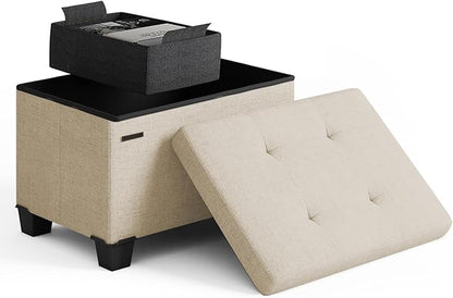 STORAGEBUD Storage Ottoman Cube with Small Bin, 16-in Square Ottoman with Storage for Living Room and Bedroom, Small Ottomans Foot Rest, Fabric Foot Stools Ottomans Max 330lbs, Beige
