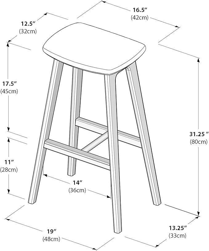 Plank+Beam Beryl Bar Height Stool - Mid-Century Modern Rubberwood Bar Stool with Faux Leather Seat, Metal Footrest, Easy Assembly, 2-Pack, Blonde/Sesame