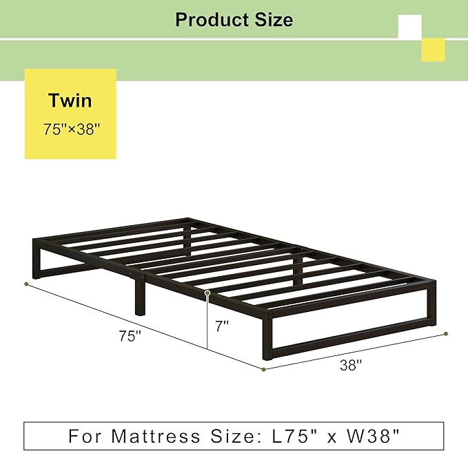 EMODA 7 Inch Twin Bed Frames No Box Spring Needed, Heavy Duty Metal Twin Platform Bed Frame, Noise Free, Easy Assembly, Black