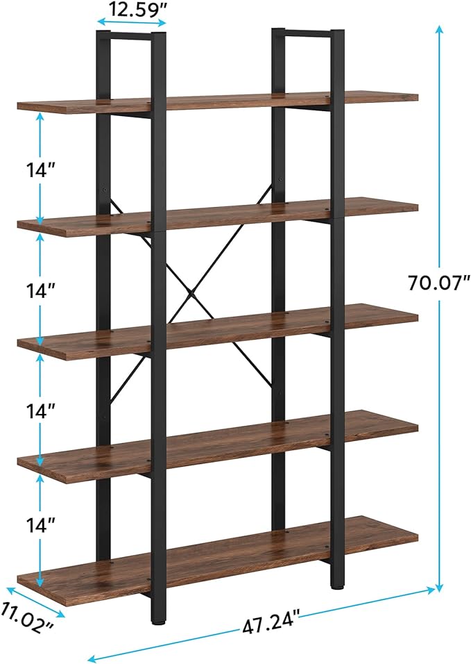 Tribesigns 5-Tier Bookshelf, Vintage Industrial Style Bookcase 72 H x 12 W x 47L Inches