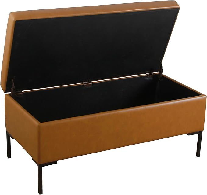 HomePop Upholstered Storage Bench with Metal Leg Home Décor|Bench with Storage for Living Room & Entryway - Faux Leather Brown