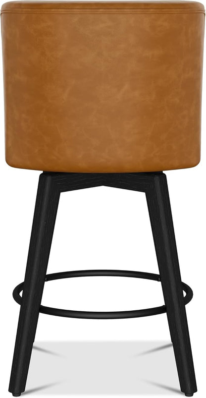 Counter Height Bar Stools Set of 6, Modern Swivel Barstools with Back and Wood Legs, Faux Leather Upholstered Bar Chairs, 26" H Kitchen Counter Stools, Kitchen Island Home Bar, Whisky Brown