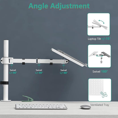 WALI Laptop Desk Mount for 17 inch Notebook, Adjustable Single Monitor Arm with Laptop Holder for 32 inch Screen, Laptops Stand with Ventilated Tray, Up to 22 Lbs, (M00LP-W), White