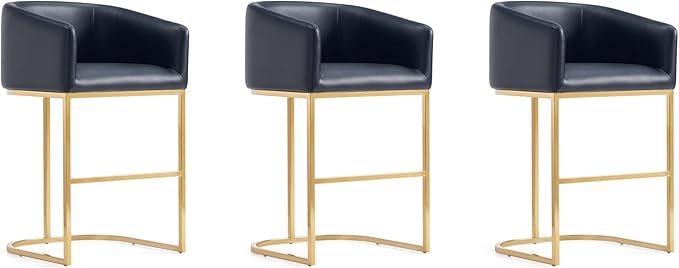 Manhattan Comfort Louvre 26 Inch Mid Century Modern Counter Height Bar Stools - Elegant Faux Leather Padded Seat, Stainless Steel Base with Footrest, Fully Assembled Barstools, Set of 3, Black & Gold