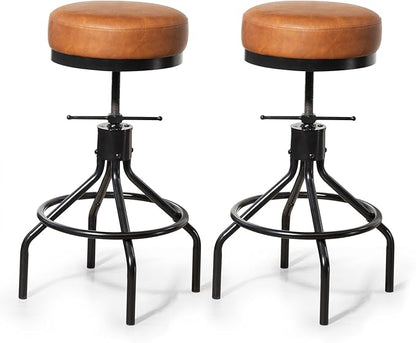 Industrial Bar Stools Set of 2 Adjustable Swivel Round Barstools Modern PU Leather 28inch Backless Counter Height Stool Metal Bar Chair for Kitchen Island (2, Brown)