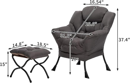 HollyHOME Fabric Lazy Chair with Foldable Ottoman, Accent Comfy Lounge Arm Chair and Folding Footrest Stool Set, Leisure Sofa Reading Chair and Footstool for Living Room, Bedroom, Dorm, Dark Grey