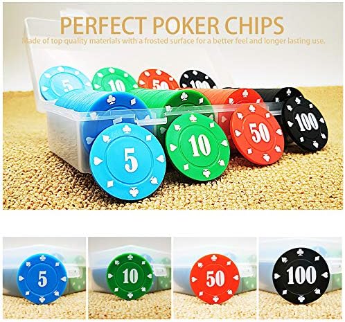 200 Plastic Poker Chips with Storage Box Set,Denomination Printed Casino Style Chip for Texas Home Game Holdem Poker Nights,Blackjack,Roulette Games,Casino Parties