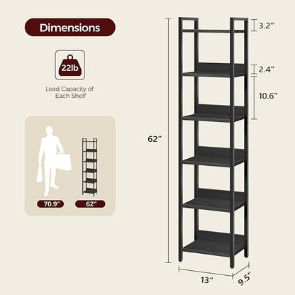 Bookshelf, 6-Tier Bookcase, Standing Book Shelf for Small Space, Storage Shelf Organizer, for Living Room, Bedroom, Study, Balcony, Black BKHB6601