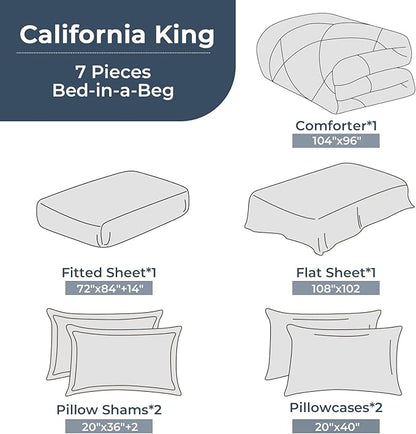 HEVUMYI Khaki Cali-King Comforter Set - 7-Piece All Season Bed in a Bag Cali-King, Ultra Soft Bedding Set with Comforter, Flat Sheet, Fitted Sheet, Pillowcases, Pillow Shams