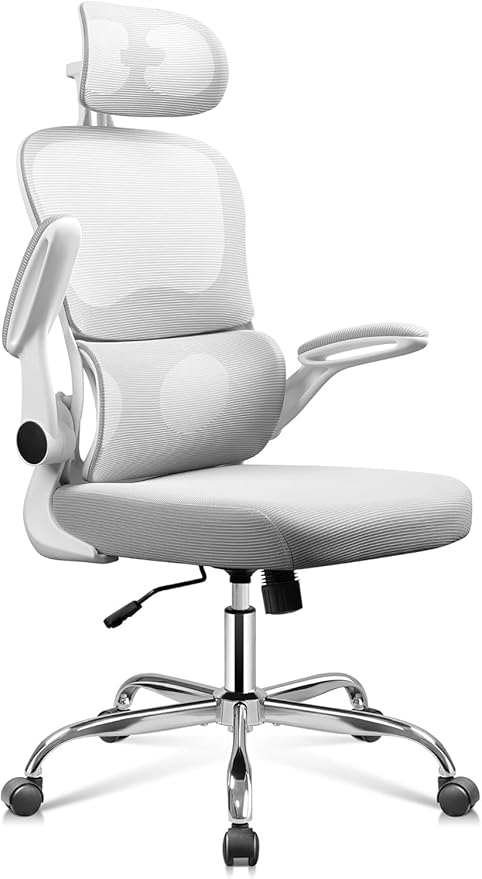 DEVAISE Office Chair, Breathable White Mesh Elegance with Ergonomic Comfort for Professionals & Gamers