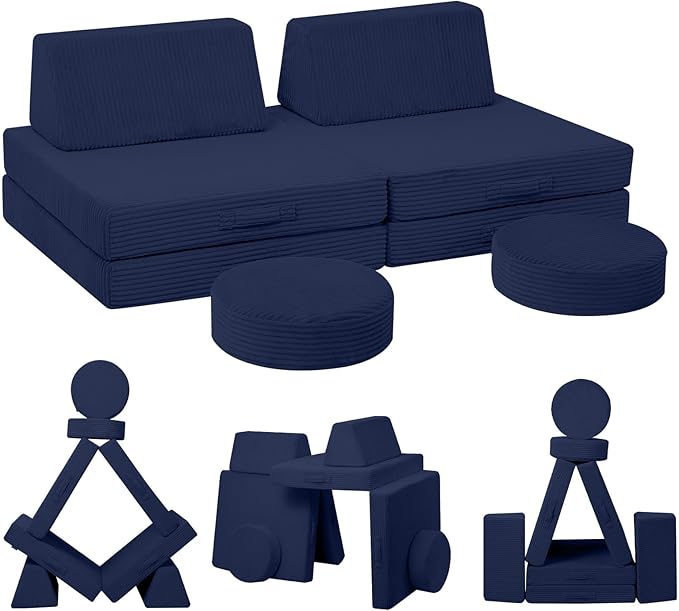 MeMoreCool Kids Couch for Playroom, Corduroy Convertible Toddler Couch, 8 Piece Modular Play Sofa, Foam Fort Building Set for Child Room Furniture, Navy
