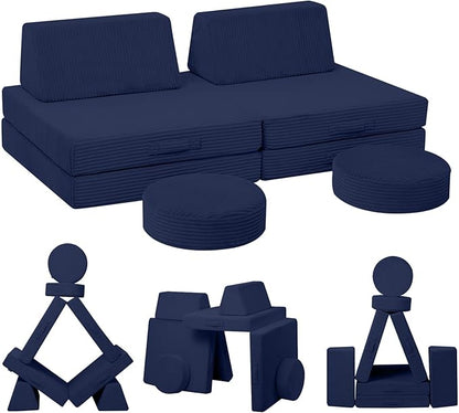 MeMoreCool Kids Couch for Playroom, Corduroy Convertible Toddler Couch, 8 Piece Modular Play Sofa, Foam Fort Building Set for Child Room Furniture, Navy