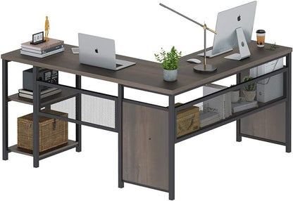 FATORRI L Shaped Desk, Industrial Reversible Home Office Computer Desk with Wood Shelves, Corner Desks with Metal Legs (Walnut Brown, 59 Inch)