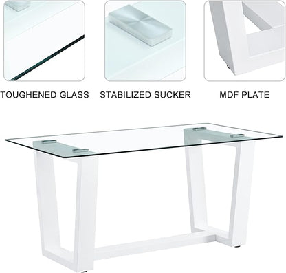 63" Modern Glass Dining Table with Rectangular Tempered Tabletop,Dinner Desk Set for 6-8 People W/Trapezoid Bracket,for Home,Kitchen,Dining Room,Office,White+Clear Finish