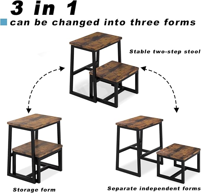 Step Stool for Adults,Holds up to 500Lb,3 in1 Heavy Duty Sturdy Two StepStools for Kichen/Bathroom/High beds, Wooden&Metal Frame, Non-Slip Pads