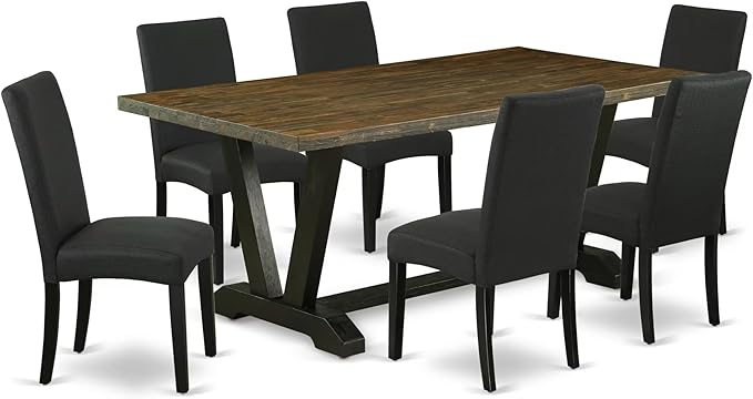 East West Furniture V677DR124-7 7 Piece Dining Set Consist of a Rectangle Dining Room Table with V-Legs and 6 Black Color Linen Fabric Upholstered Parson Chairs, 40x72 Inch, Multi-Color