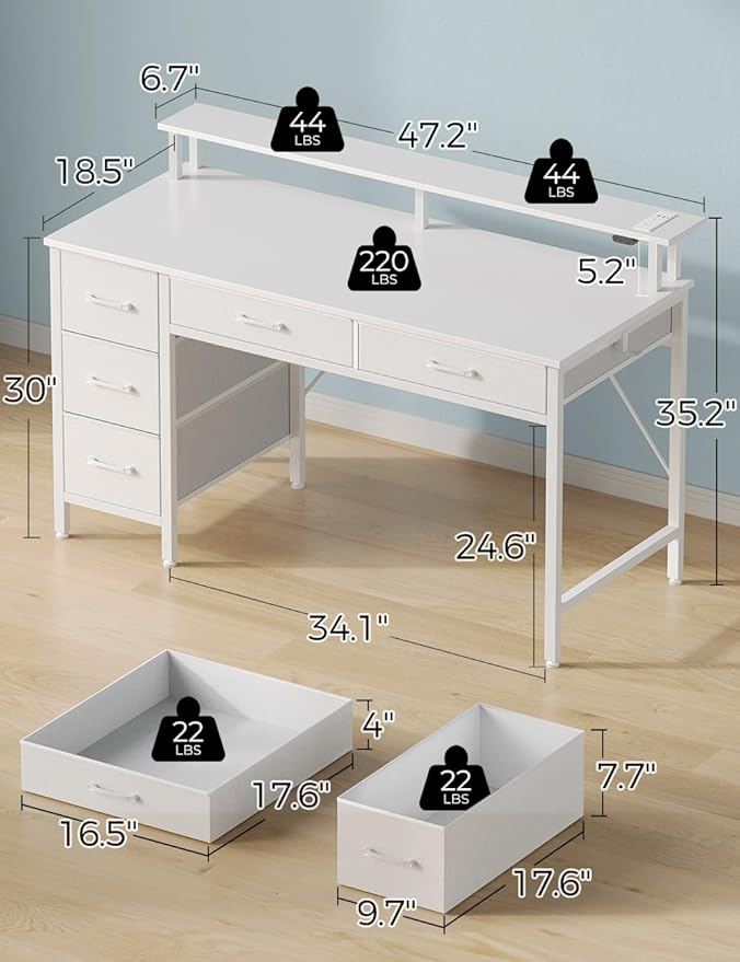Seventable Computer Desk with Power Outlets & LED Light, 47 inch Home Office Desk with 5 Drawers, Writing Desk with Monitor Stand, Work Desk for Home Office, White