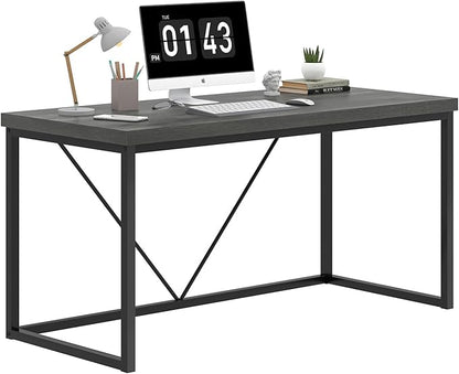 EXCEFUR Modern Home Office Desk, Wood and Metal Computer Desk, Industrial Writing Study Gaming Table for Living Room Bedroom, Rustic Grey, 53 inch