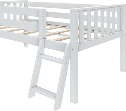 Max & Lily Twin Ultra Low Loft Bed with Slide and Climbing Ladder, Solid Wood Bed for Kids, Space Saving Design for Small Rooms, Twin Size Loft Bed with 14 Inch Guardrails, Anti Slip Steps, White