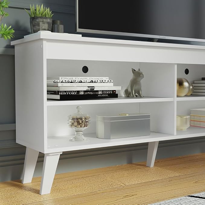 Madesa Compact TV Stand Cabinet with 4 Shelves and Cable Management for 50, 55 Inch TV Media Storage Unit Living Room and Bedroom Modern Wooden Television Media Console - White
