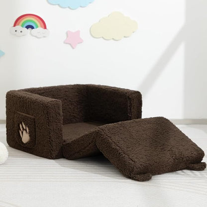 ALIMORDEN Fold Out Toddler Couch, Comfy 2-in-1 Cuddly Sherpa Bear Chair for Kids, Convertible Sofa to Lounger, Kids Cozy Corner Play Couch for Boys and Girls, Chocolate