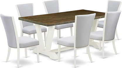 East West Furniture V077VE005-7 7 Piece Dining Room Furniture Set Consist of a Rectangle Dining Table with V-Legs and 6 Grey Linen Fabric Parsons Chairs, 40x72 Inch, Multi-Color