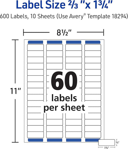 Avery Printable Return Address Labels with Sure Feed Technology, 2/3" x 1-3/4", White, Laser & Inkjet Compatible, 600 Blank Labels per Pack, Great for High-Volume Mailing (5-Pack of 18294)