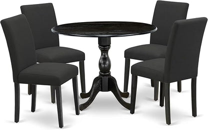 East West Furniture DMAB5-ABK-24 5 Piece Modern Dining Table Set Includes a Round Wooden Table with Dropleaf and 4 Black Color Linen Fabric Upholstered Chairs, 42x42 Inch, Wirebrushed Black