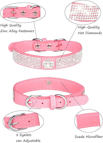 Dog Collar for Small Dogs, Adjustable Leather Suede Bling Dog Collars，Pink Dog Collar Cat Collar, Rhinestone Dog Collar (S, pink3)