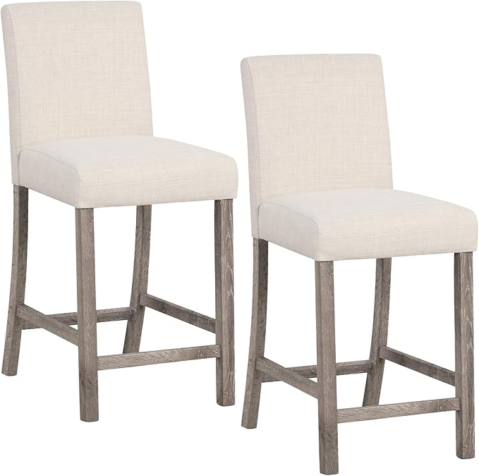 COSTWAY Upholstered Counter Height Stools Set of 2, Bar Stools w/Ergonomic Backrest, Solid Wood Frame, 24.5” Fabric Counter Height Chairs for Kitchen Island, Dining Room, Pub (Beige)