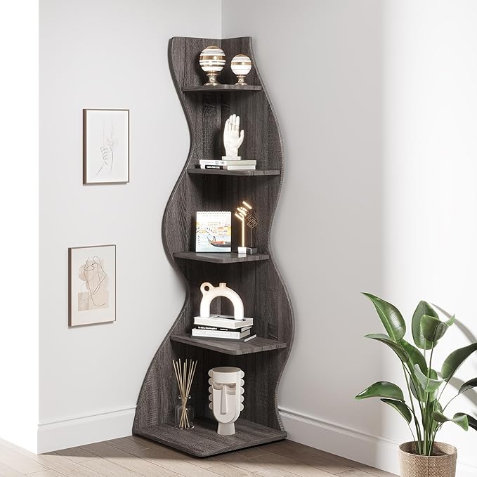Tribesigns Corner Shelf, Modern 5-Tier Wall Corner Bookshelf, Stylish Corner Small Bookcase Storage Rack Plant Stand with Unique Shape for Living Room, Home Office, (1PC, Gray)