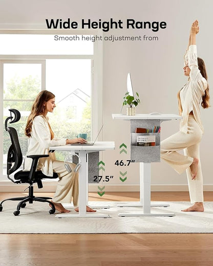 HUANUO Electric Standing Desk, 63 x 24 Inch Height Adjustable Computer Desk with Storage Bag, 4 Height Memory Settings, Sit Stand Up Desk for Home Office, White