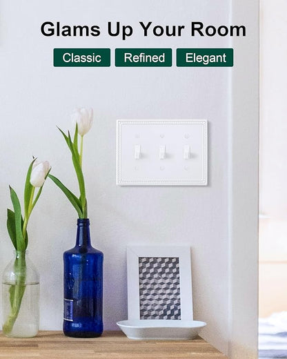 2-Pack Triple Toggle Light Switch Cover Plate, Pearls Decorative Switch Plate Covers, Pure White 3 Gang Metal Wall Plate, Corrosion Resistant