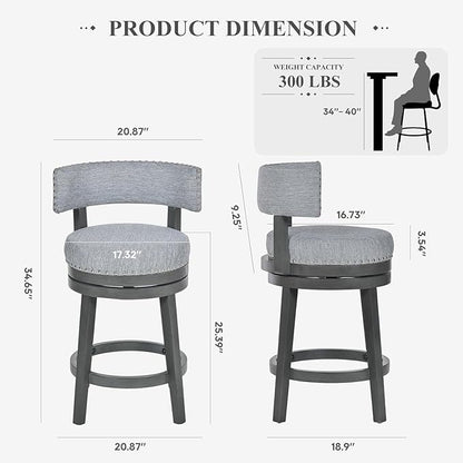 COLAMY Swivel Bar Stool Set of 2, Modern Swivel Barstool with Back, Counter Height Bar Stools, 25 Inch Upholstered Wood Barstool for Kitchen Island Dining Room Bar, Grey