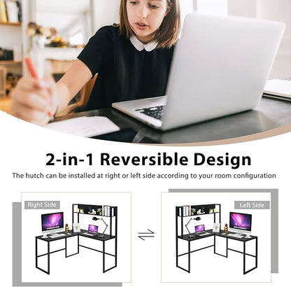 Tangkula Reversible L-Shaped Desk with Hutch, Space Saving Corner Computer Desk with Storage Shelves, Home Office Study Writing Desk Computer Workstation with Storage Bookshelf, Gaming Desk