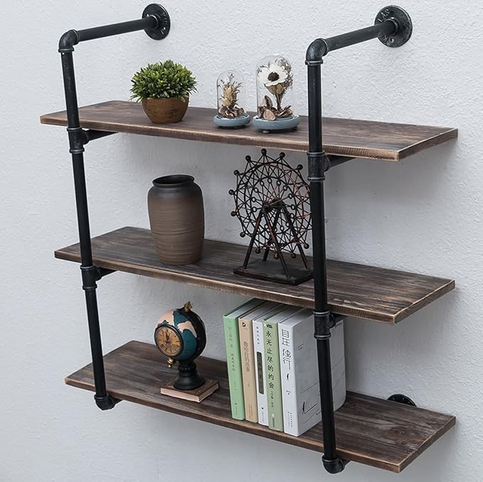 Industrial Pipe Shelving Wall Mounted,36in Rustic Metal Floating Shelves,Steampunk Real Wood Book Shelves,Wall Shelf Unit Bookshelf Hanging Wall Shelves,Farmhouse Kitchen Bar Shelving(3 Tier)