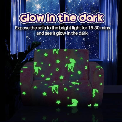 ALIMORDEN 2-in-1 Flip Out Cuddly Sherpa Toddler Couch, Convertible Sofa to Lounger,Glow-in-The-Dark Unicorn Pattern