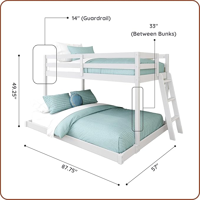 Grain & Grove Bear Twin Over Full Bunk Bed, Low Bunk Bed Frame for Kids, Bunk with Ladder, Guardrail, and Slats, No Box Spring Required, Brushed White